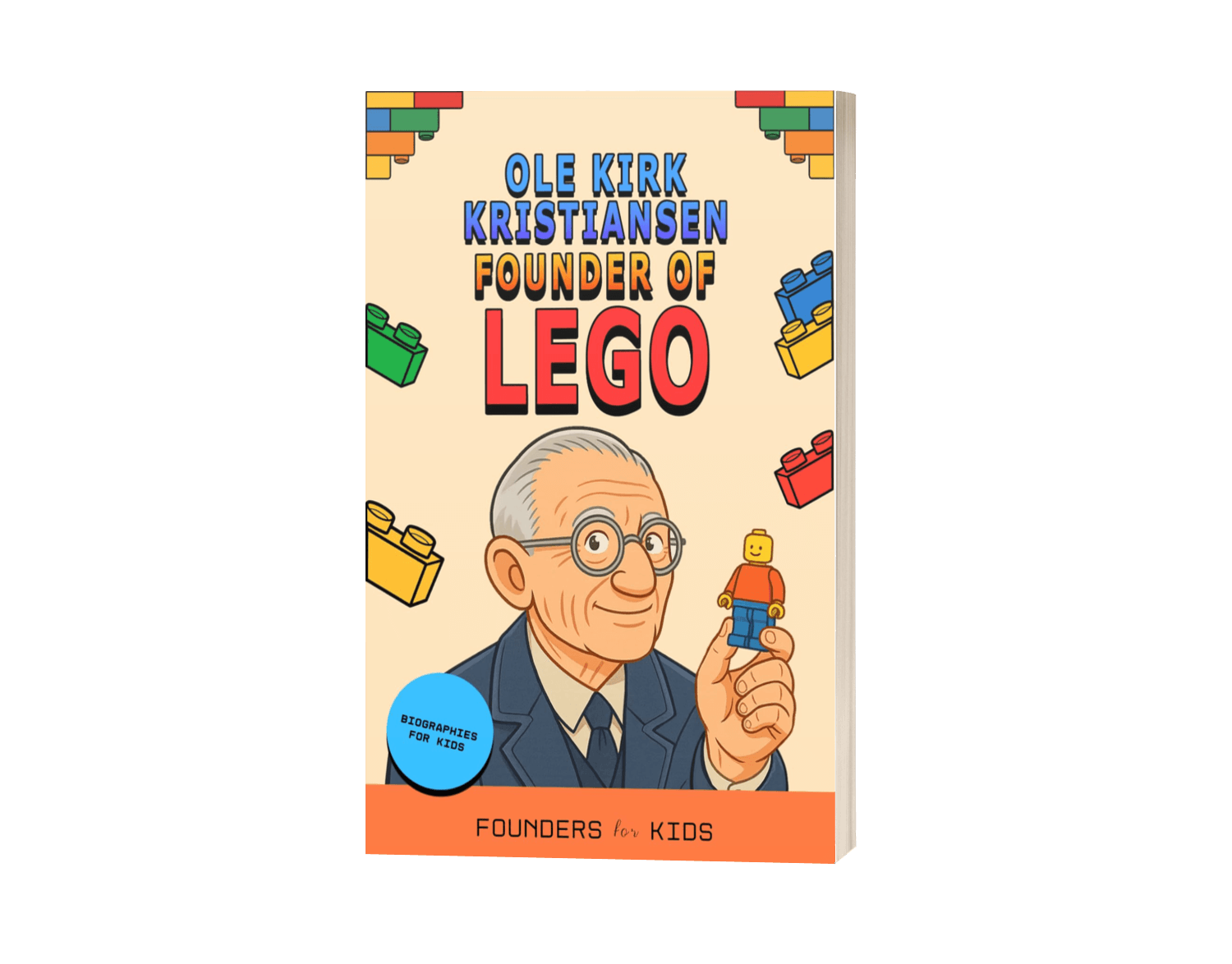 3D book mockup of Ole Kirk Kristiansen: Founder of LEGO, with the front cover and page edges visible